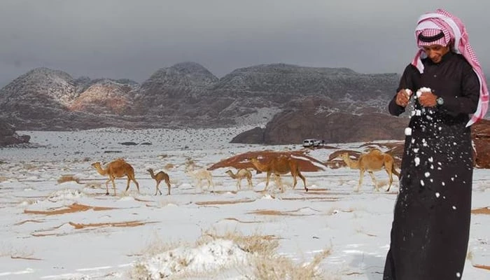 Unprecedented hailstorm blankets Saudi Arabia's desert regions in white