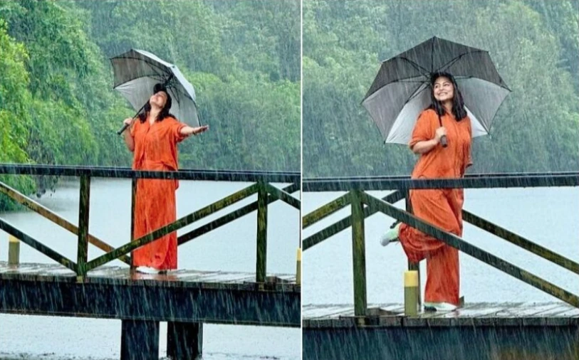 Cancer fighter Hina Khan catches joy and solace in heavy rain