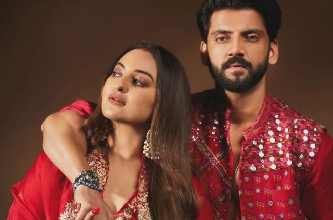 Sonakshi Sinha and Zaheer Iqbal twinning in red