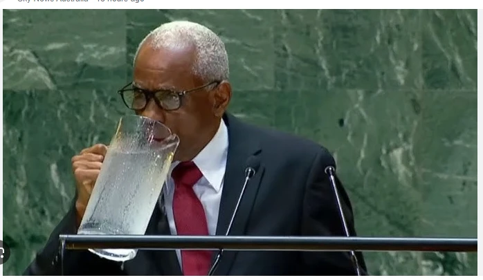 Haitian President’s giant jug sip and spill at UN speech triggers storm on internet