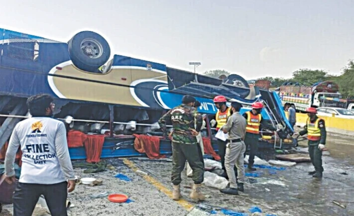 Five perish as bus overturned on slippery Hazara Motorway