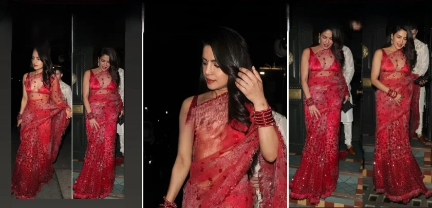 Priyanka Chopra looks resplendent in red saree while celebrating Diwali in London