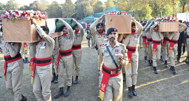 Funeral prayers of three martyred Rangers personnel offered at Chaklala Garison 