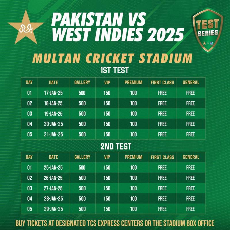 Tickets for Pakistan vs West Indies Test series to go on sale from Friday