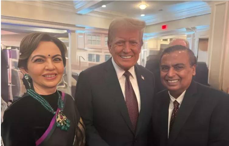 Mukesh Ambani and Nita Ambani’s pose with Donald Trump before pre-swearing-in dinner